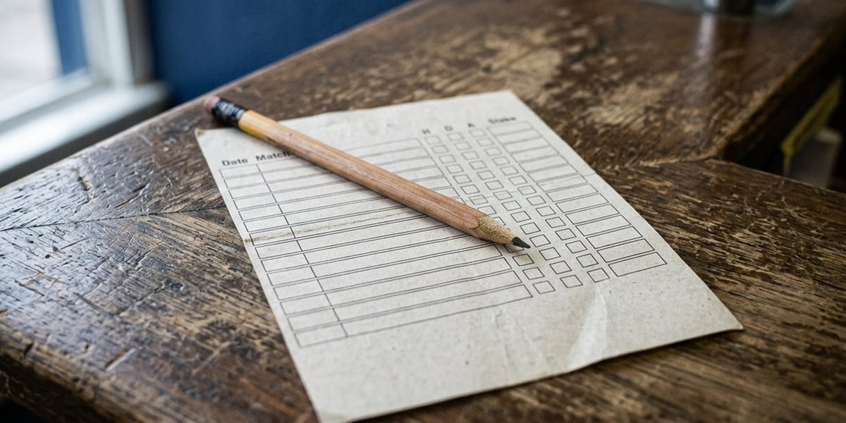 Printed football coupon with blank rows and a pencil resting on a betting shop counter