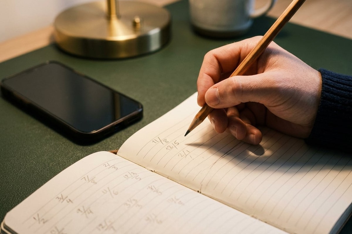 Hand writing odds calculations in a notebook beside a phone showing a blank betting slip