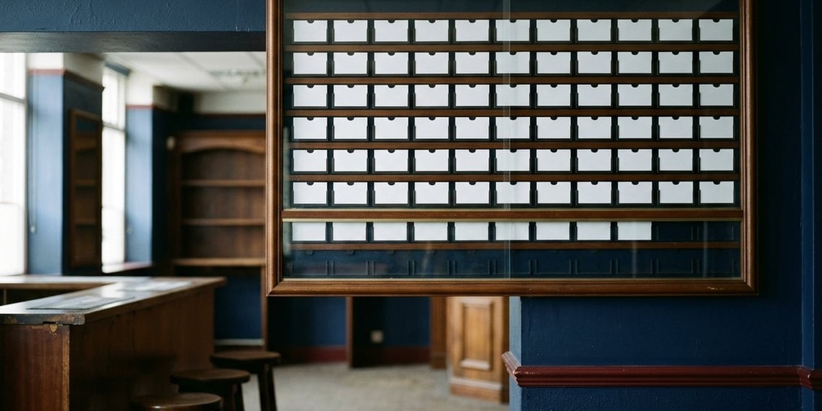 Wall-mounted racing price board with blank runner slots in a quiet betting shop, lit by morning light